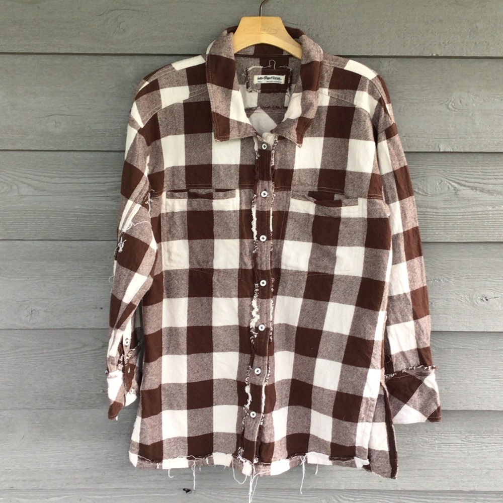 We The Free Women’s Brown and White Plaid Button-Down Shirt Clothes Small